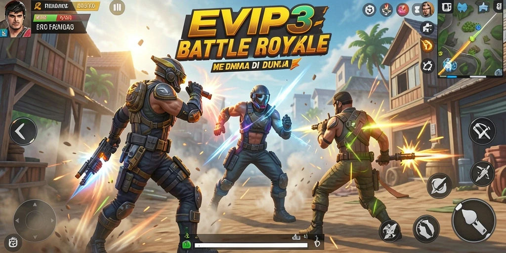 Tampilan gameplay seru di EVIP3 dalam pertarungan Battle Royale.