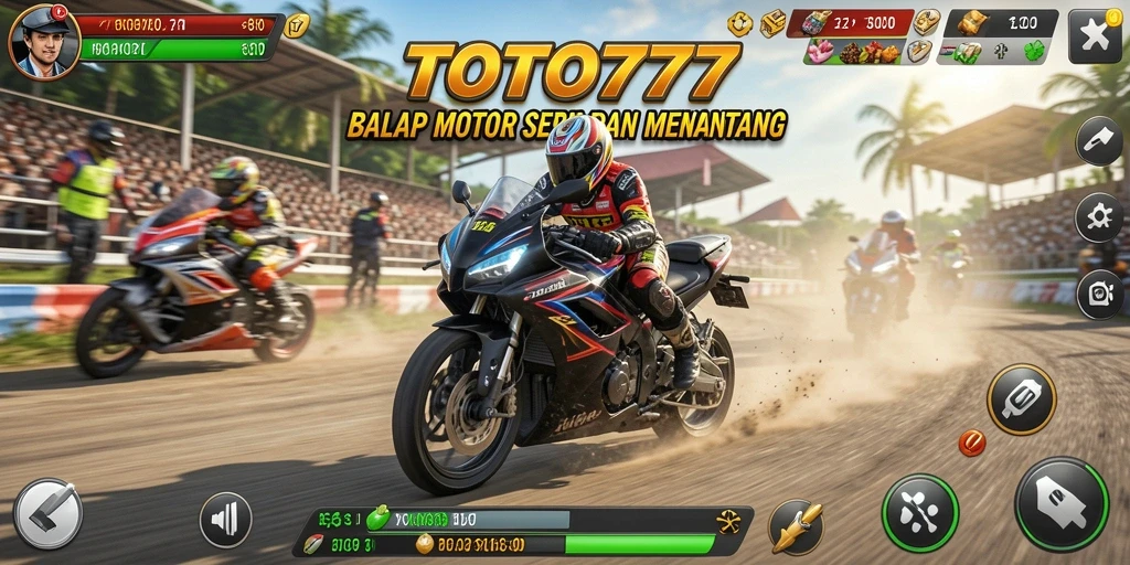 Tangkapan layar utama TOTO777 menunjukkan gameplay balap motor yang mendebarkan.
